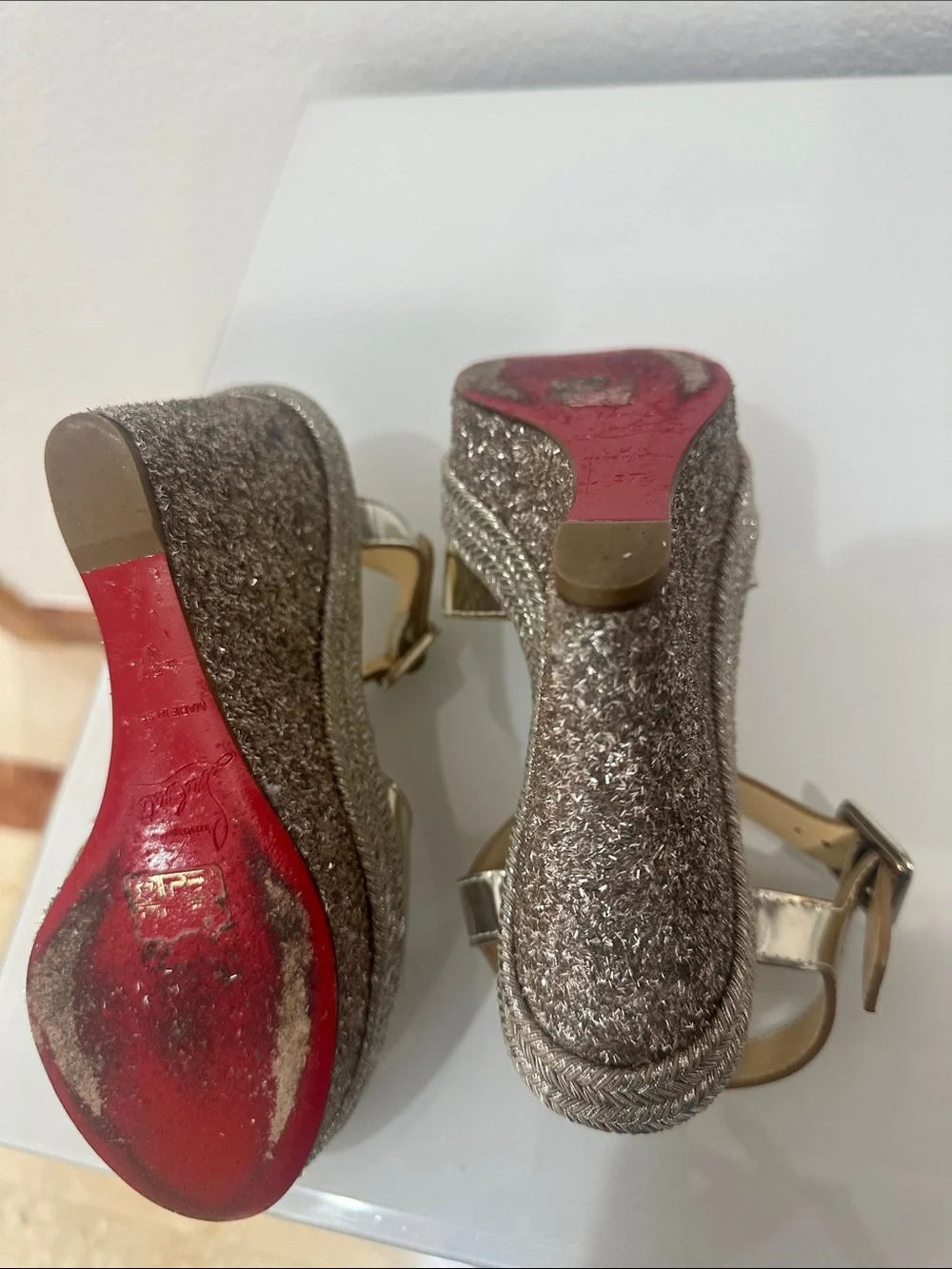 Christian Louboutin Metallic Gold Wedge Sandals with Ankle Strap